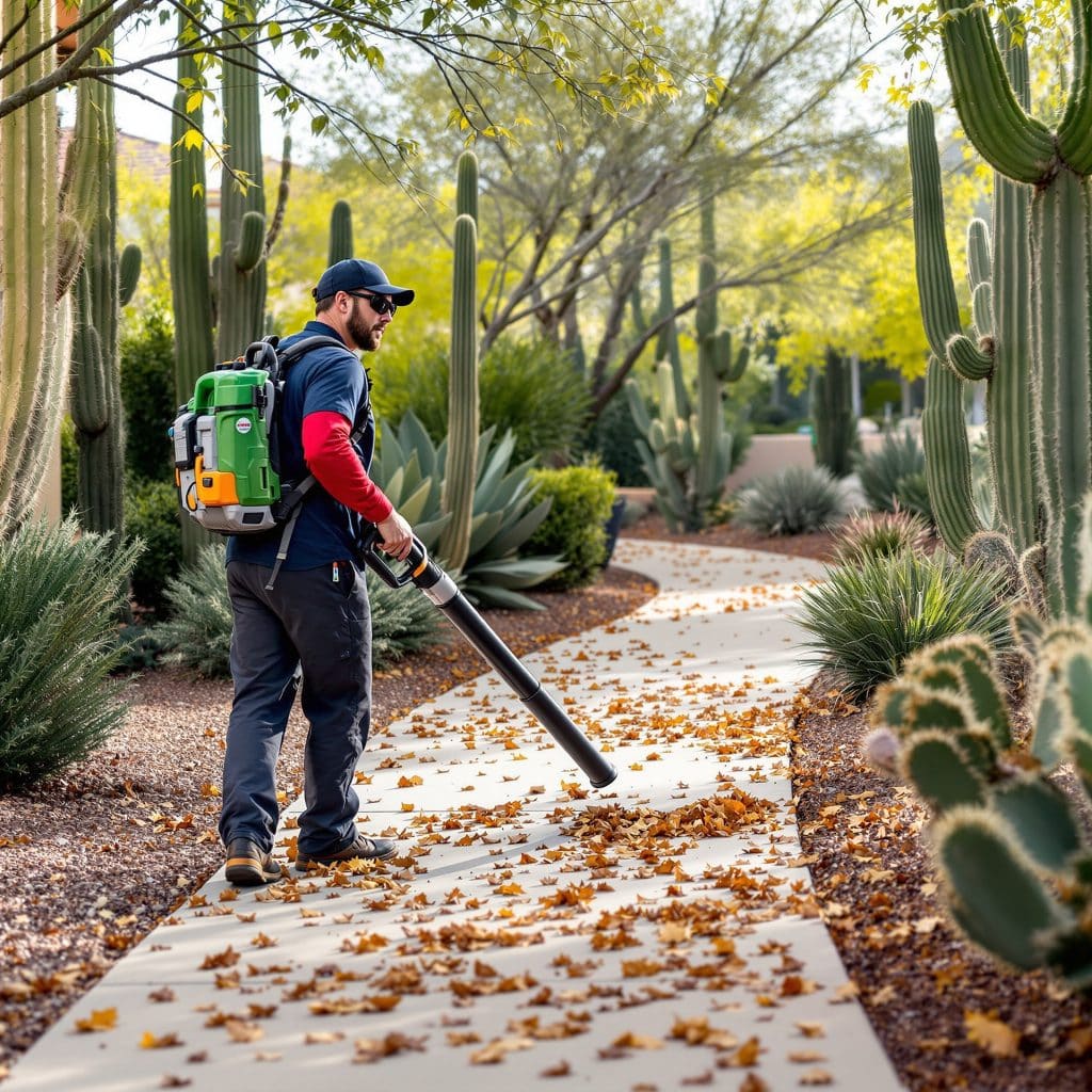 Professional performing fall yard cleanup along a winding path in Scottsdale, Arizona, removing leaves among saguaro, succulents, and native desert plants.