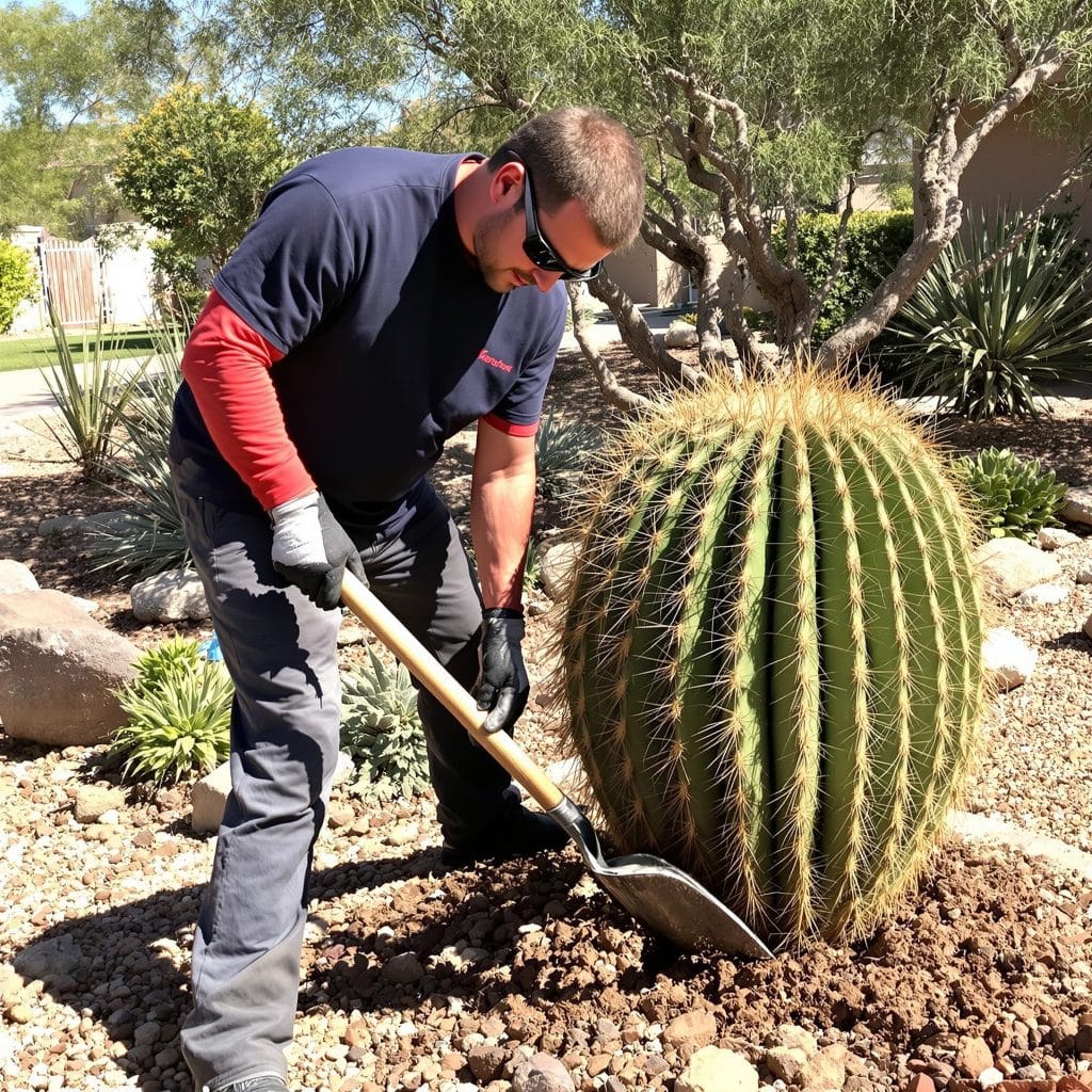 Professional landscaper removing a large barrel cactus from a residential yard in Scottsdale, Arizona using a shovel for safe cactus extraction.