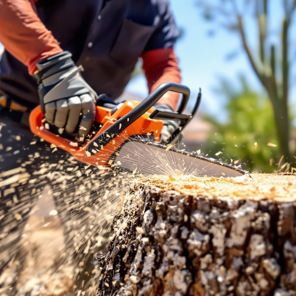 Close-up of a professional using a chainsaw to cut through a thick tree stump in Scottsdale, Arizona. Sawdust flies as part of a tree removal process in a desert residential property.