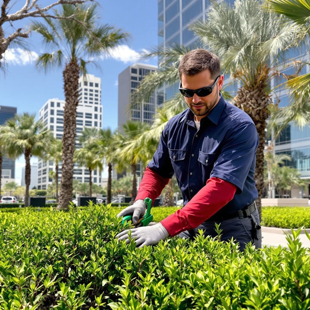 Landscaping professional trimming hedges in a modern Scottsdale, Arizona business district, with palm trees and office buildings in the background on a sunny day.