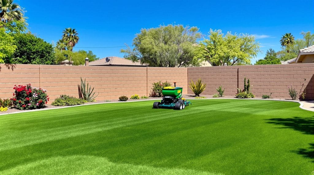 Core aeration machine in action on a vibrant green lawn in Scottsdale, Arizona, promoting turf health in a desert-style yard with stucco walls and drought-tolerant plants.