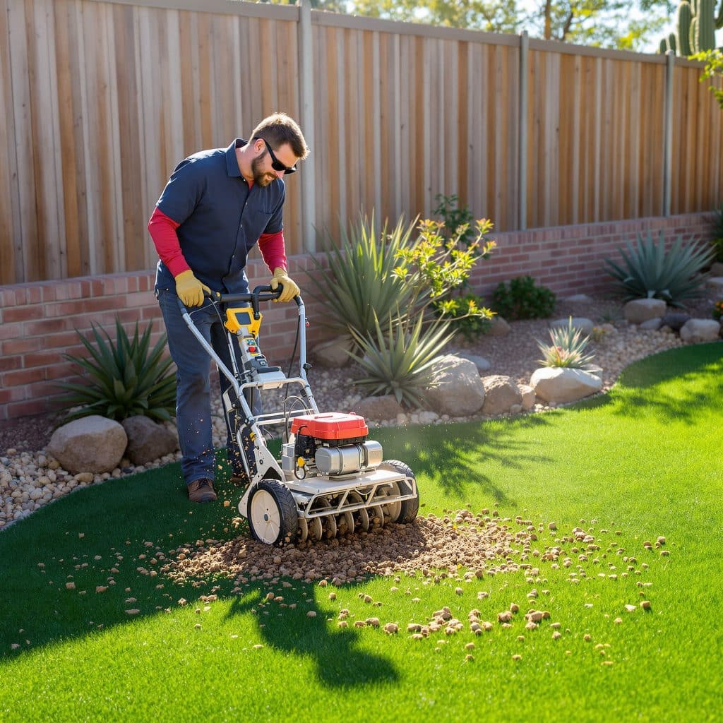 A landscaping professional using a core aerator machine on a residential lawn in Scottsdale, Arizona, improving soil health and grass growth near desert landscaping features.