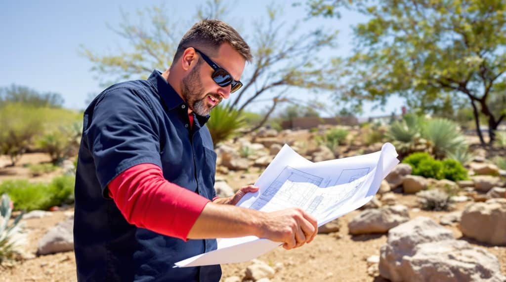 Landscape professional evaluating printed design plans at a Scottsdale, Arizona installation site with native vegetation, gravel mulch, and arid-climate trees in the background.
