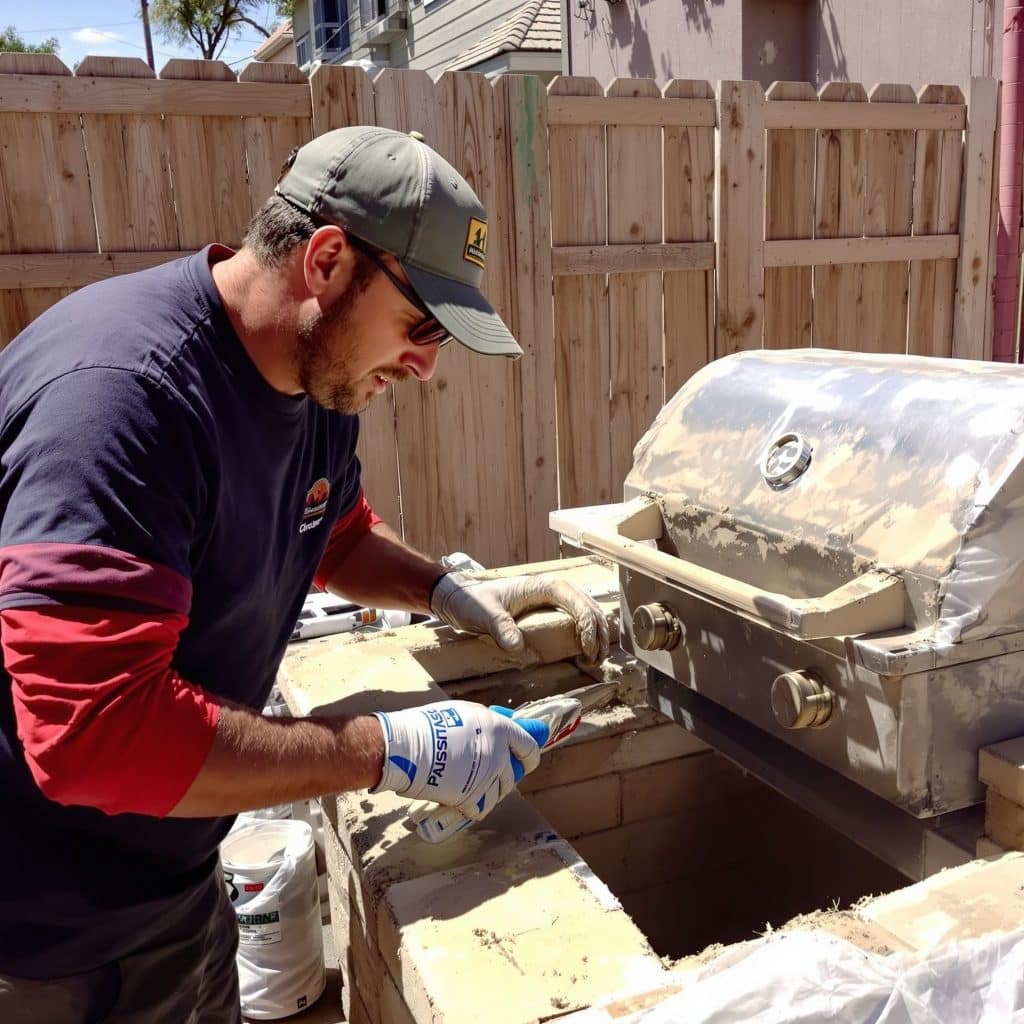 Builder in Scottsdale, Arizona working on constructing a built-in outdoor kitchen with brick framing and a stainless steel grill in a residential backyard.