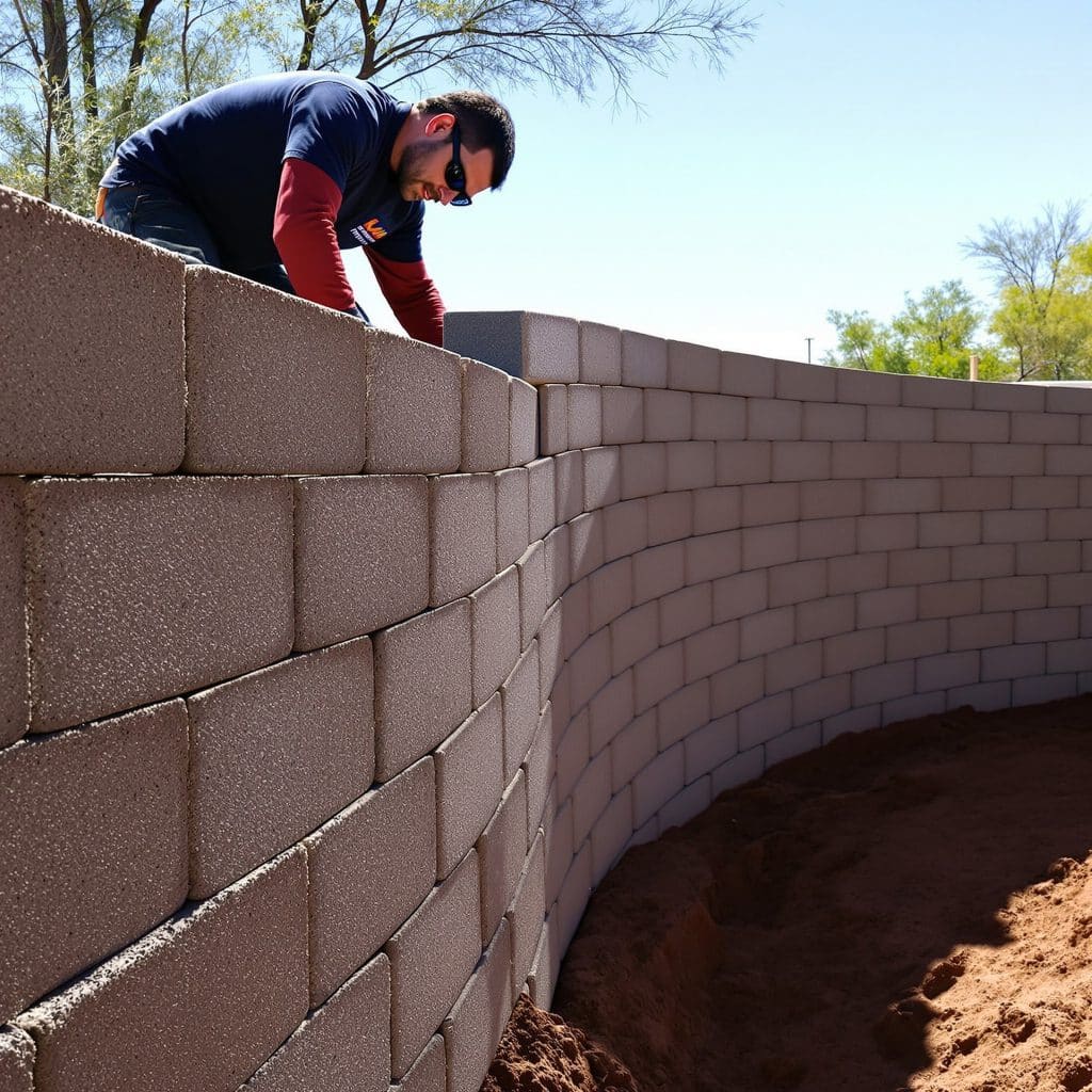 Contractor building a curved block retaining wall in a Scottsdale, Arizona yard, designed to manage soil elevation and enhance landscape structure in a desert environment.