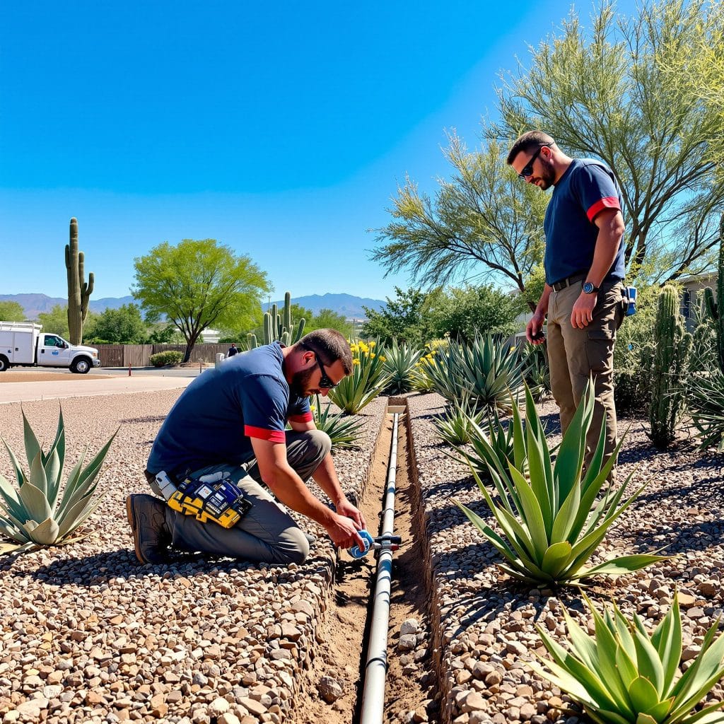 Two technicians working on underground irrigation repair in a Scottsdale, Arizona xeriscape garden with desert plants, gravel mulch, and a clear blue sky.
