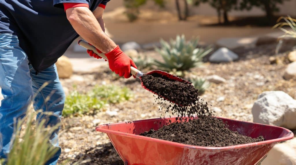 Close-up of a landscaper filling a garden bed with mulch using a shovel and wheelbarrow in a Scottsdale, Arizona desert-style yard with succulents and gravel.