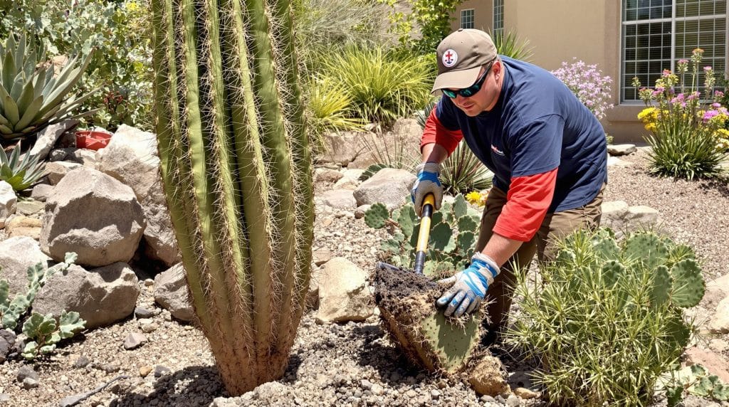 Technician in Scottsdale, Arizona using a shovel to remove a prickly pear cactus from a desert garden, surrounded by rocks and native plants.