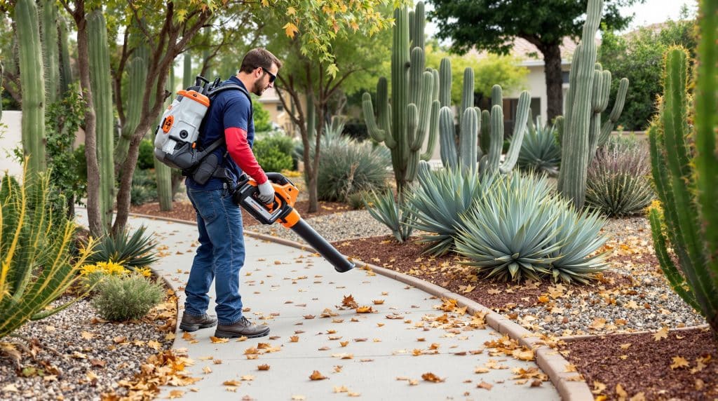 Worker using a leaf blower to clear fallen leaves on a desert-style pathway in Scottsdale, Arizona, surrounded by cacti, agave, and clean desert landscaping.