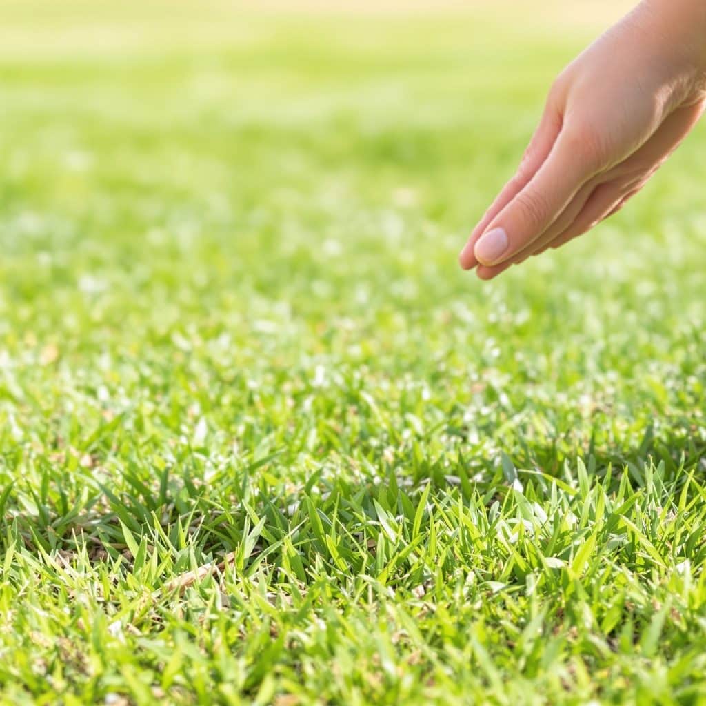 Close-up of a freshly overseeded lawn in Scottsdale, Arizona with lush green grass growing densely under the bright Arizona sun.