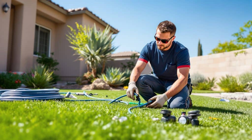 Worker setting up drip irrigation tubing on a residential lawn in Scottsdale, Arizona, with desert plants and stucco house in the background on a sunny afternoon.