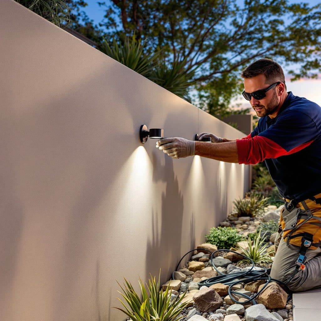 Professional adjusting energy-efficient LED wall lights in a Scottsdale, Arizona yard at dusk, with desert landscaping featuring succulents and decorative rocks.