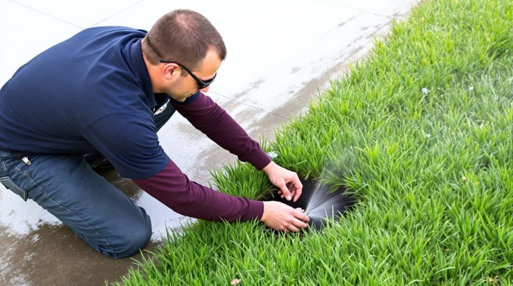 Professional irrigation specialist repairing and testing a lawn sprinkler head in Scottsdale, AZ