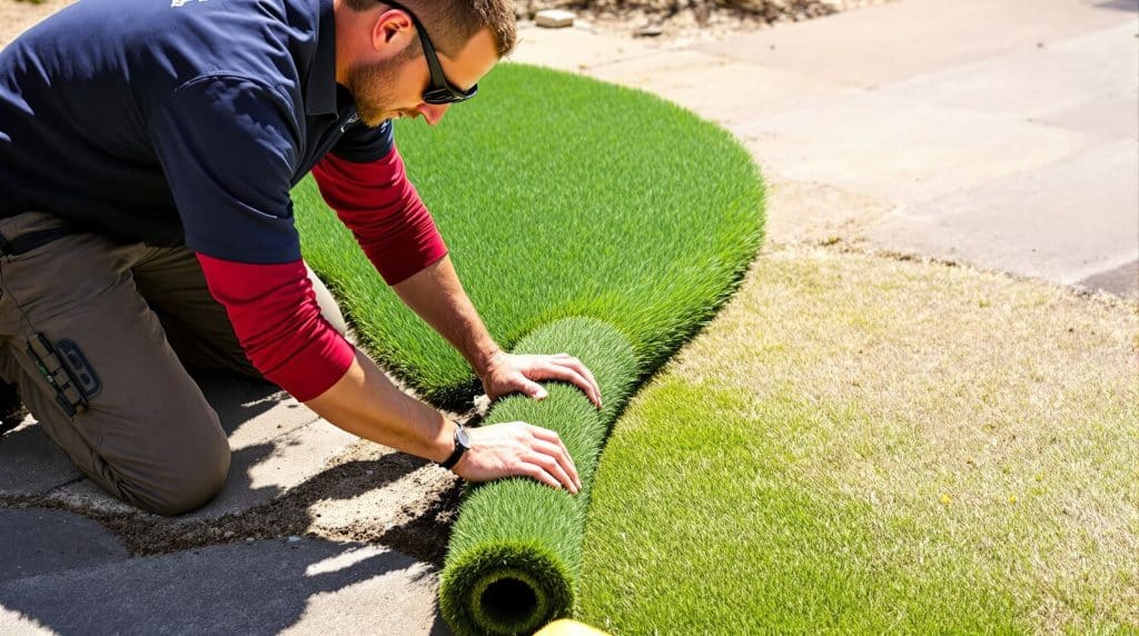 Close-up of sod installation in Scottsdale, Arizona as a lawn care specialist carefully aligns artificial turf over prepared soil and dry patches in a residential backyard.