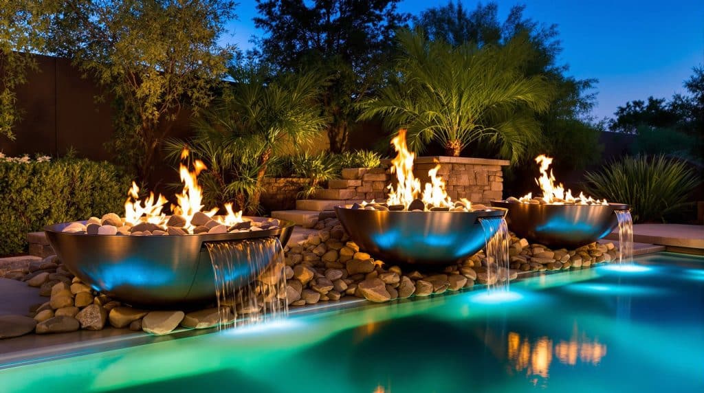 Three modern fire and water bowls installed beside a Scottsdale, Arizona pool, with cascading waterfalls, glowing pool lights, and desert landscaping featuring palm trees and stone accents.