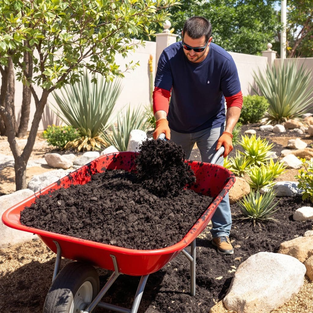 Worker spreading dark mulch from a red wheelbarrow into a xeriscape garden in Scottsdale, Arizona, surrounded by agave plants, boulders, and drought-tolerant shrubs.