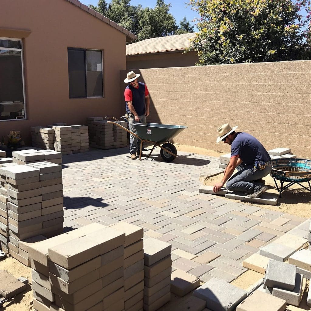 Two contractors laying interlocking pavers in a Scottsdale, Arizona backyard, creating a custom patio space with desert-tan masonry and minimal landscaping.