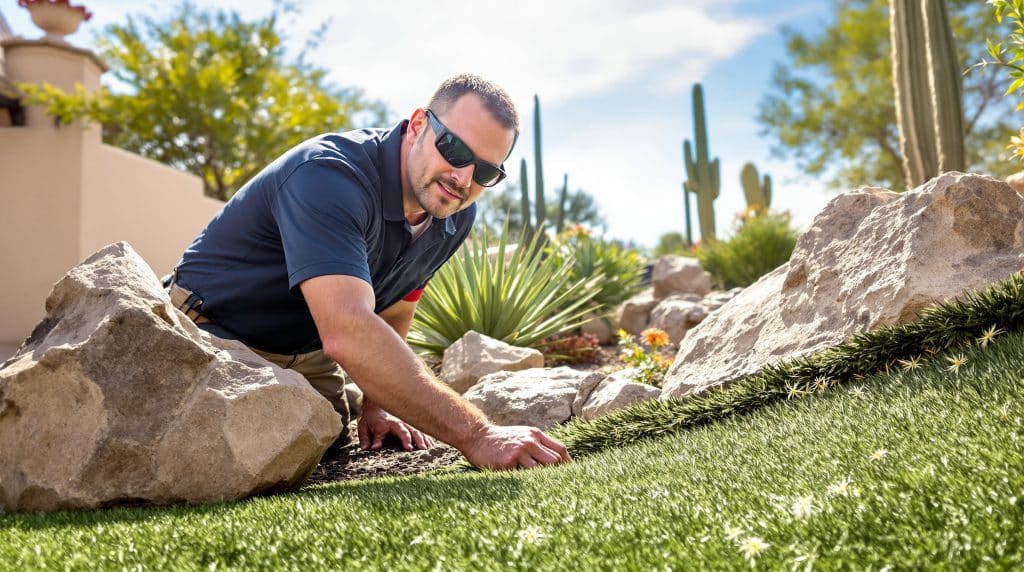 Worker aligning artificial grass on a sloped desert yard with large boulders, succulents, and saguaro cacti in Scottsdale, AZ, showcasing water-conscious outdoor solutions.