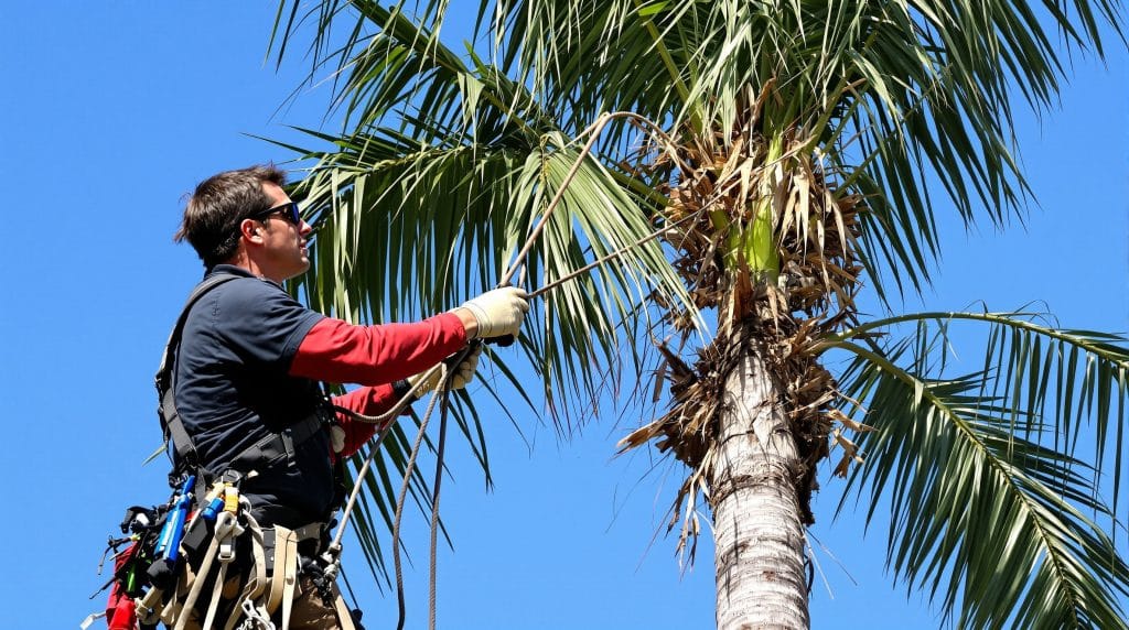 Tree specialist trimming dry palm leaves from a tall palm tree in Scottsdale, Arizona. Dressed in safety harness and gloves, working under clear desert skies.