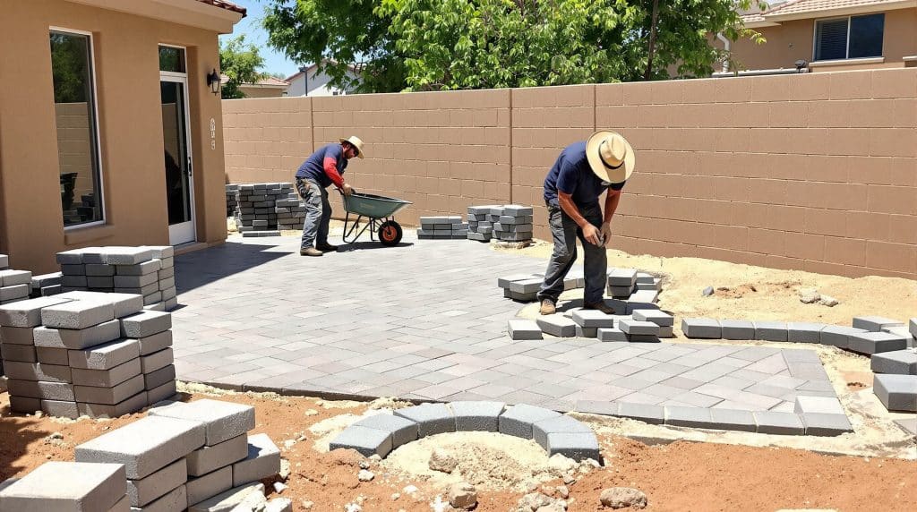 Construction crew installing gray concrete pavers in a Scottsdale, Arizona backyard to form a durable and stylish patio layout with curved edges and stacked blocks prepared nearby.
