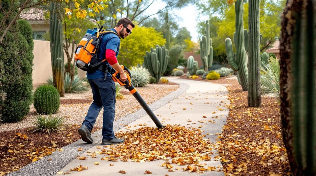 Landscaping worker using a leaf blower to clear fallen leaves from a curved desert-style walkway during a spring cleanup in Scottsdale, Arizona. Surrounded by cactus, gravel, and native plants.