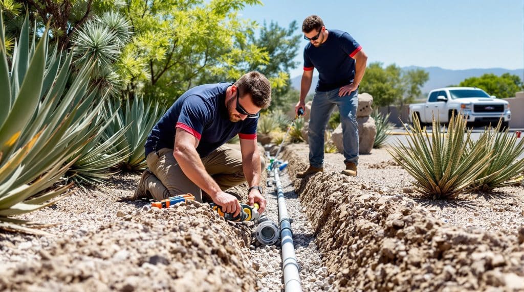 Irrigation specialists repairing a broken water line in a Scottsdale, Arizona yard filled with native desert plants, near a residential street and white pickup truck.