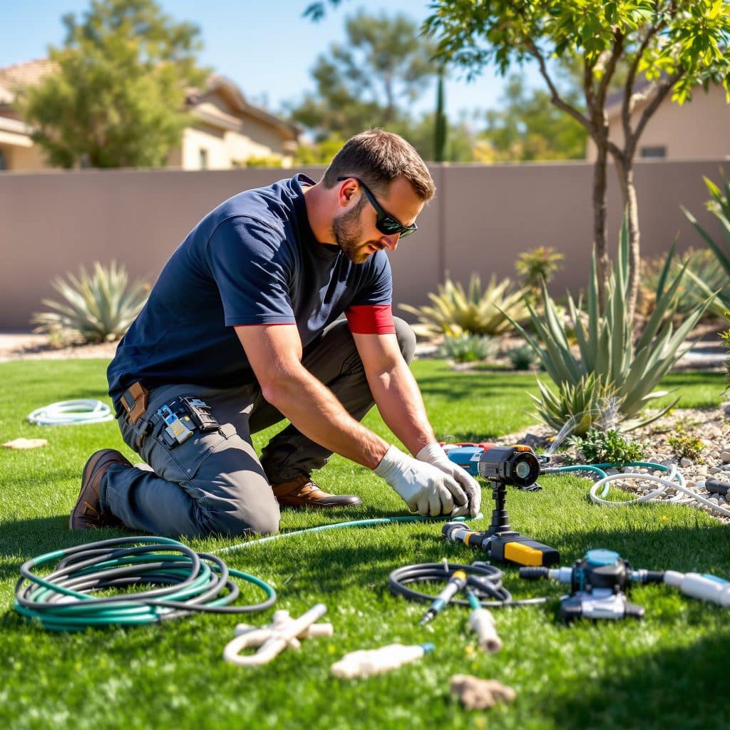 Technician installing irrigation components on a green lawn in Scottsdale, Arizona, surrounded by desert landscaping with agave and native plants under a bright sky.