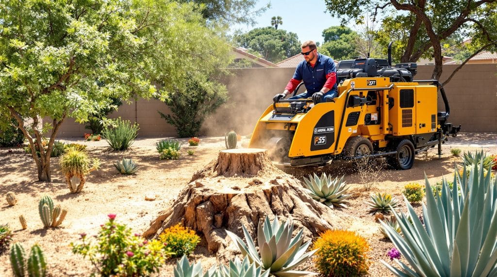 Worker operating a yellow stump grinding machine to clear a tree base in a desert-style Scottsdale landscape with agave, small cacti, and xeriscaping suitable for Arizona’s climate.