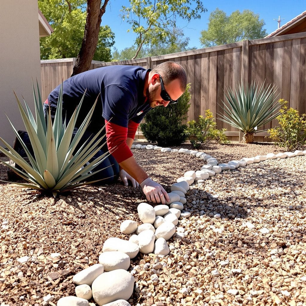 Landscaping professional installing smooth decorative rocks in a Scottsdale, Arizona backyard, creating a natural stone border among desert plants like agave and shrubs.
