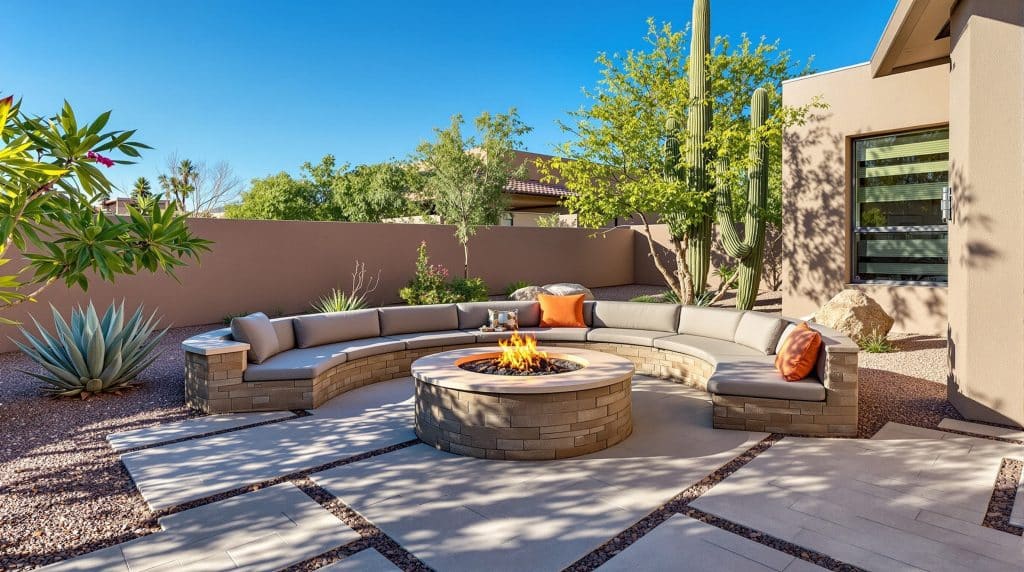 Beautiful Scottsdale, Arizona backyard hardscape featuring a curved stone fire pit, built-in bench seating with cushions, smooth paver flooring, desert landscaping elements, and towering saguaro cacti under a bright blue sky.