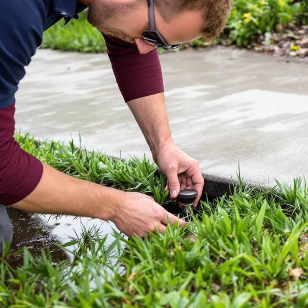 Lawn irrigation technician adjusting sprinkler system head during routine maintenance in Scottsdale, Arizona