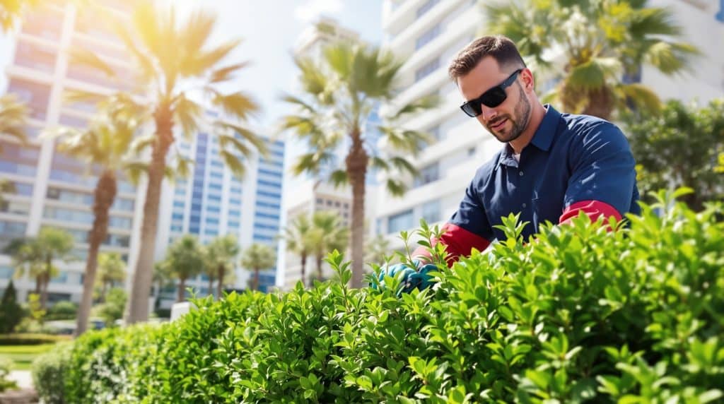 Worker performing hedge trimming at a commercial property in Scottsdale, Arizona, surrounded by palm trees and tall office buildings under bright sunlight.