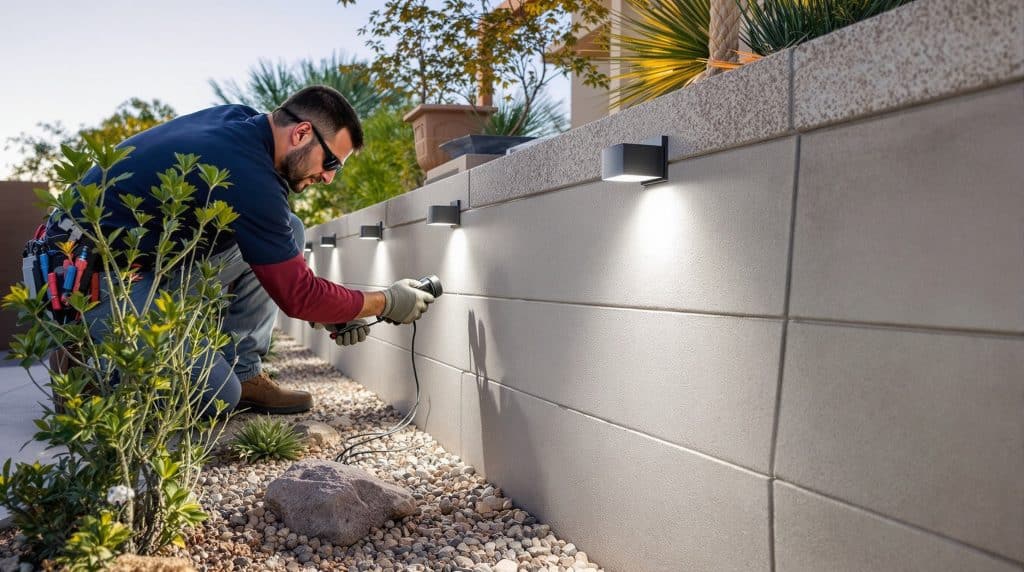 Technician installing modern wall-mounted landscape lights along a decorative stucco wall in a Scottsdale, Arizona backyard with desert plants and stone ground cover.