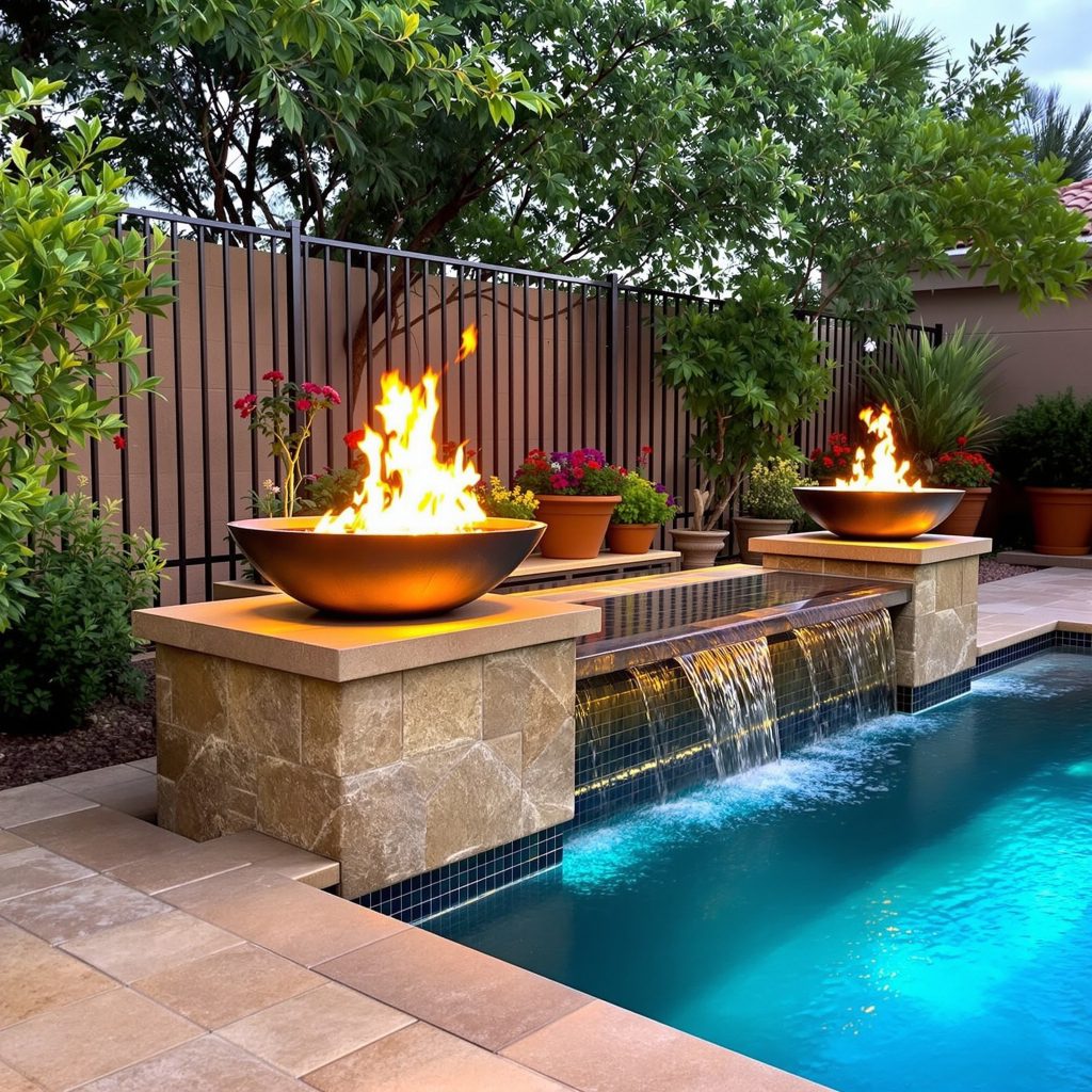 Two fire bowls mounted on stone pedestals with water spilling into a Scottsdale, Arizona pool. Surrounded by lush potted plants and modern tile design, enhancing outdoor ambiance and warmth.