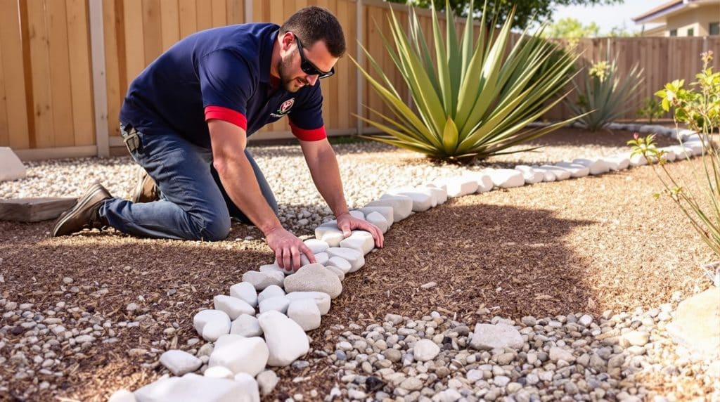 Worker placing white decorative rocks in a tidy line as part of a rock landscape installation in Scottsdale, Arizona, surrounded by drought-tolerant plants and desert mulch.