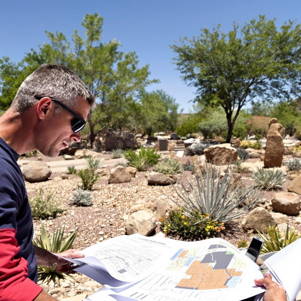 Landscape designer reviewing architectural plans in a Scottsdale, Arizona xeriscape yard surrounded by natural boulders, desert shrubs, and agave plants under a bright blue sky.