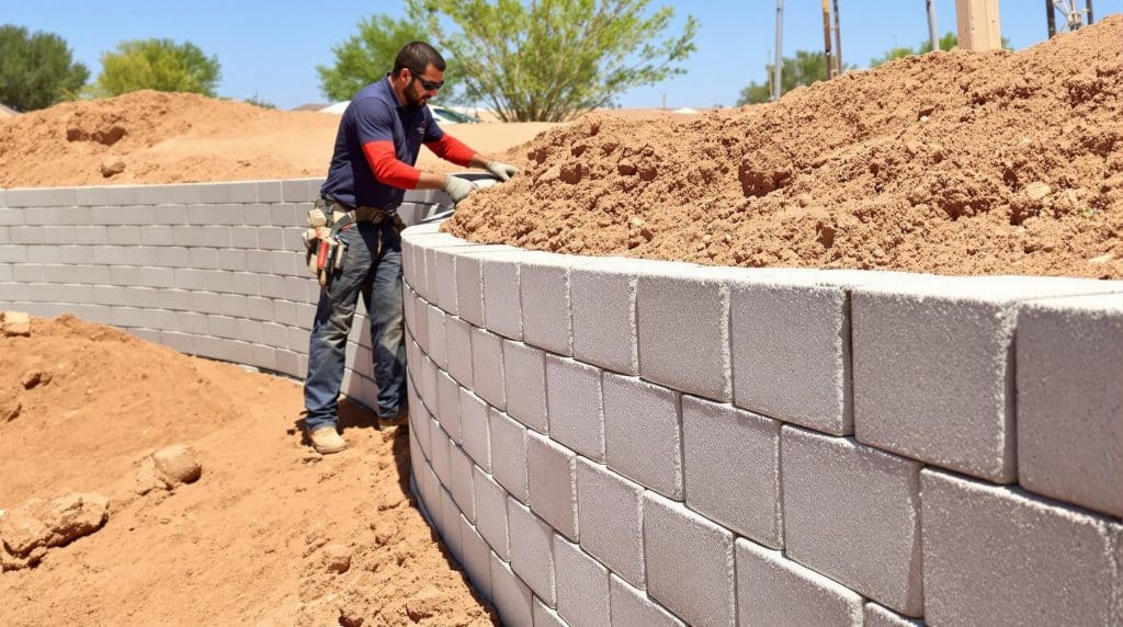 Outdoor construction professional installing a segmented block retaining wall in Scottsdale, Arizona, designed for erosion control and clean landscaping on a sloped residential lot.