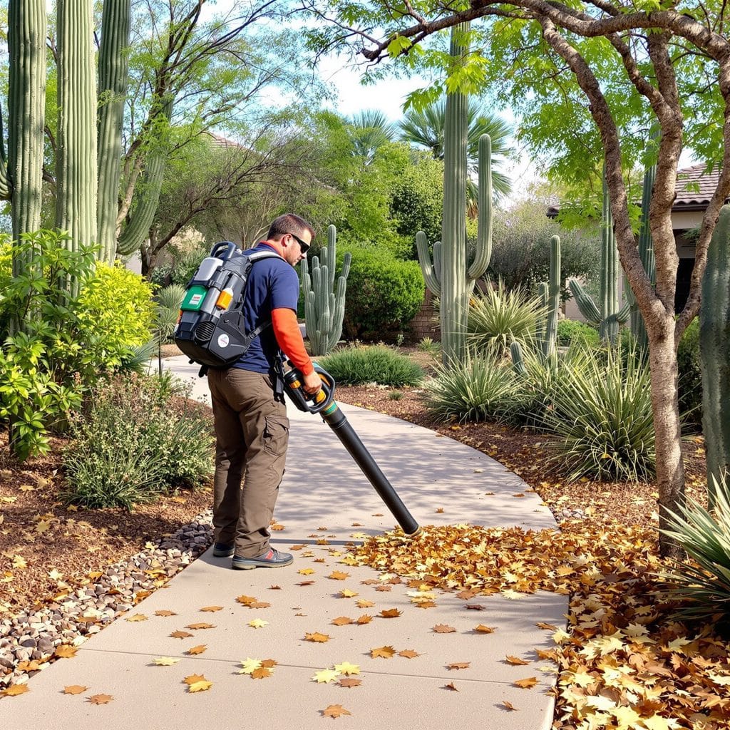 Spring cleanup in Scottsdale, Arizona with a landscaper blowing leaves off a desert garden path lined with cacti and drought-tolerant plants, promoting a neat and healthy landscape.
