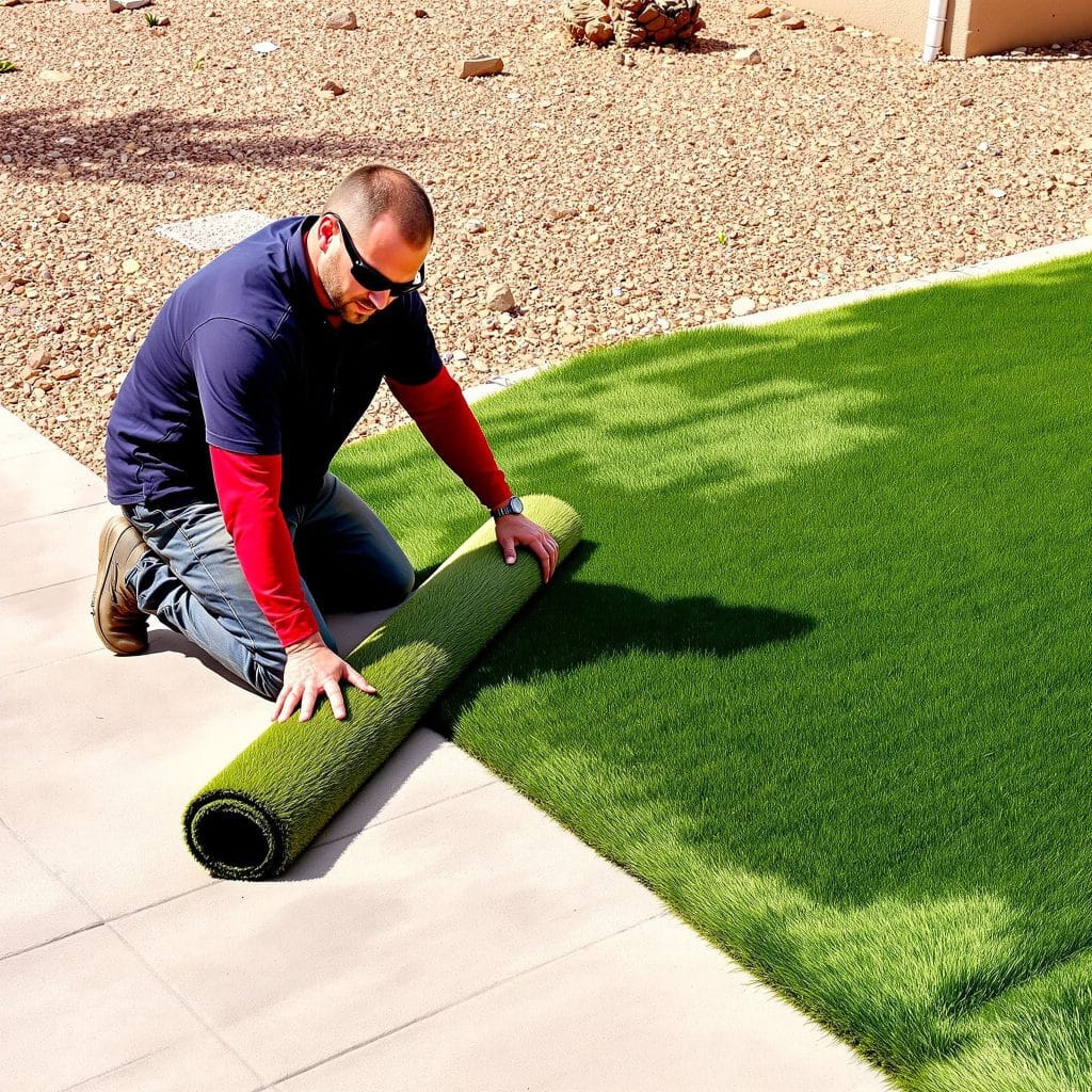 Landscaping technician unrolling fresh sod in a Scottsdale, Arizona yard, creating a vibrant, healthy lawn in a desert-style landscape with gravel and tile borders.