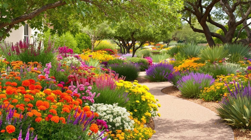 Vibrant softscape garden in Scottsdale, Arizona featuring a variety of drought-tolerant flowering plants, colorful wildflowers, ornamental grasses, and native shrubs lining a curved desert pathway shaded by trees.