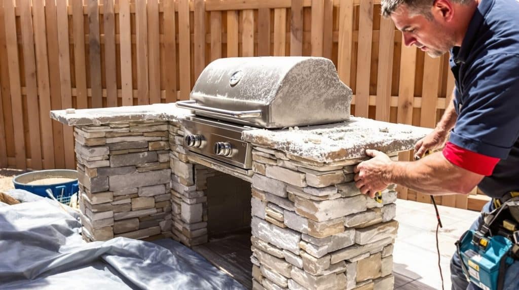 Outdoor kitchen design in progress in Scottsdale, Arizona, featuring a craftsman installing stone veneer around a stainless steel grill island with a natural wood privacy fence.