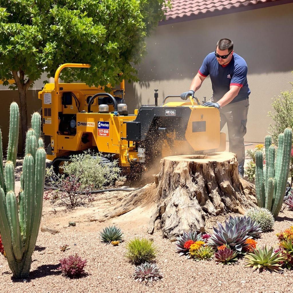 Tree care professional using heavy-duty stump grinder to remove a large tree stump in a Scottsdale, Arizona yard surrounded by cacti, succulents, and arid landscaping under bright sunlight.