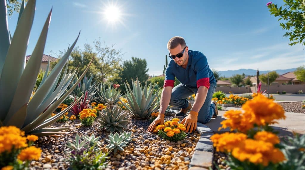 A landscaper planting drought-resistant marigolds and succulents in a xeriscaped front yard in Scottsdale, AZ, showcasing eco-friendly landscaping practices.