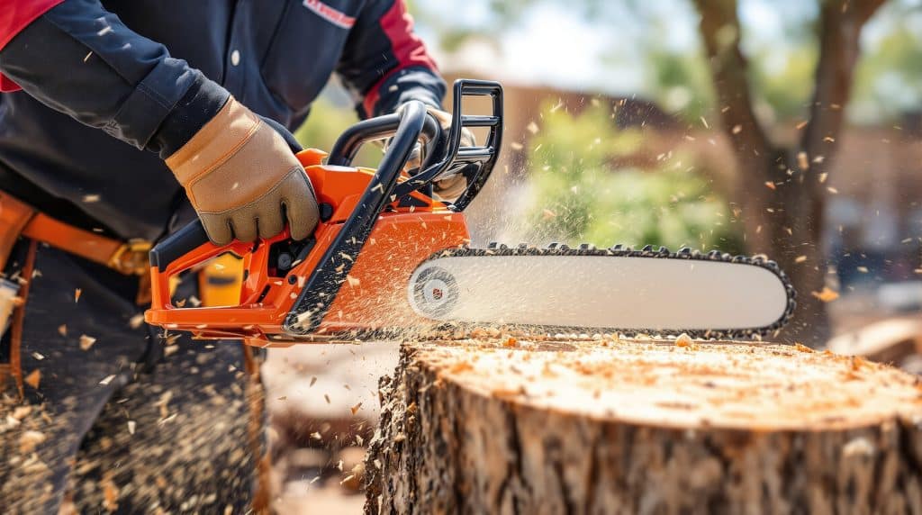 Worker in protective gear using an orange chainsaw to cut a large tree stump in Scottsdale, Arizona. The image captures precision cutting during a tree removal service in a suburban desert setting.