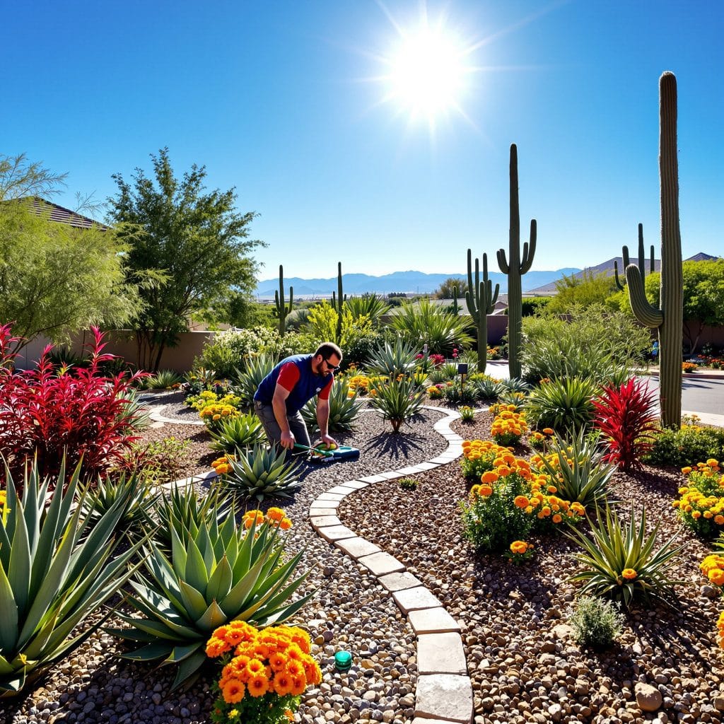 A man maintaining a colorful desert xeriscape garden in Scottsdale, Arizona, featuring agave plants, cacti, and drought-tolerant flowers under the intense desert sun.